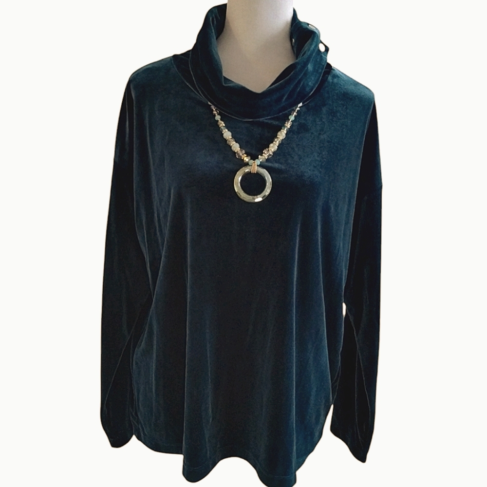 DKNY Emerald Green Velour Cowl Neck Long Sleeve Pullover Top  M